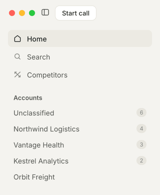 The sidebar Accounts list, with a call count beside each account and an Unclassified bucket