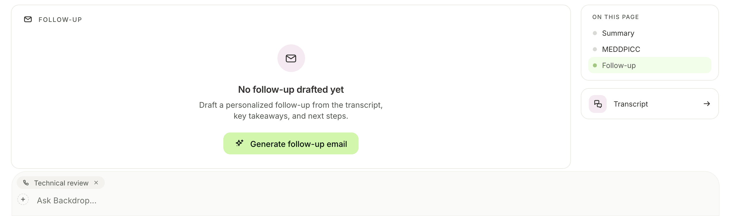The Follow-up section before anything is drafted, with the Generate follow-up email button