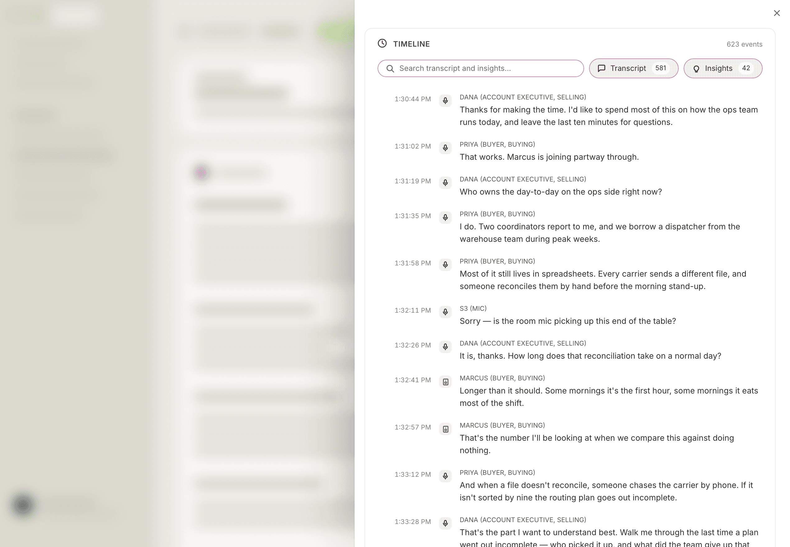 The Timeline slide-over: an event count, a search field, Transcript and Insights filter pills, and timestamped entries labelled by speaker and side
