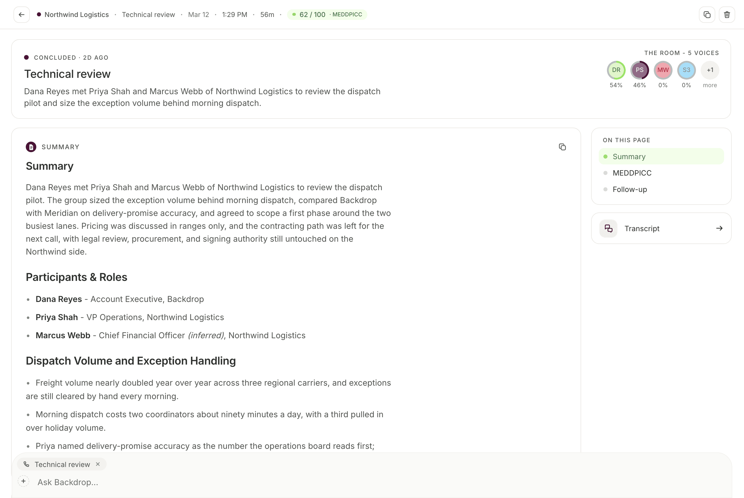 The post-call page: the header bar with its MEDDPICC score, the recap card with talk-time split, the Summary section, and the On this page rail