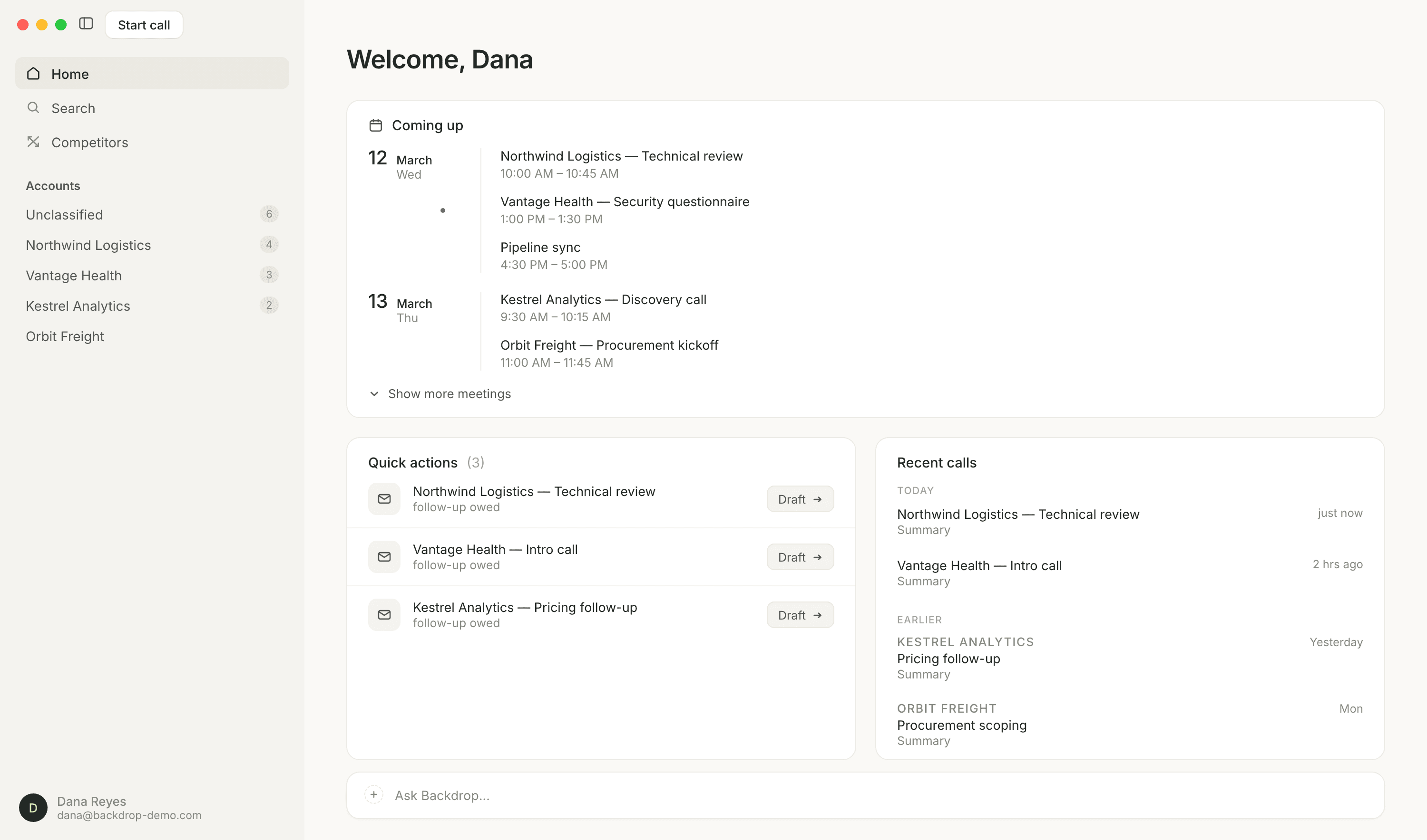 The Backdrop home screen: upcoming meetings, follow-ups owed, and recent calls