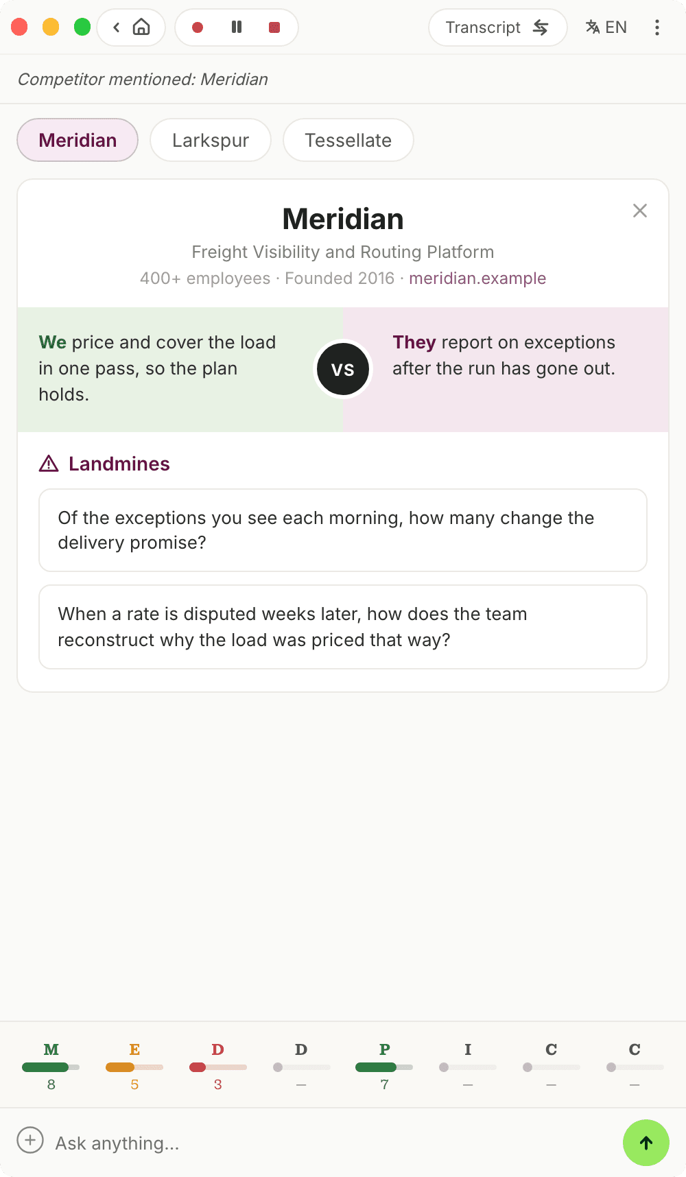 The in-call competitor card: a tab per detected vendor, the We versus They split, and Landmines questions to ask