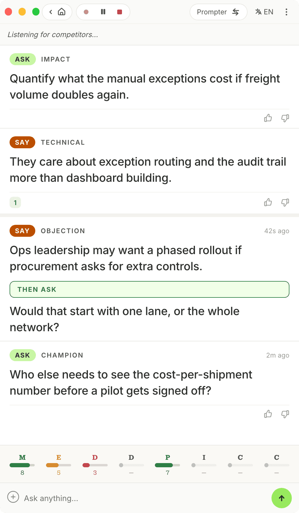 Prompter mode with four cards: an ASK on impact, a SAY on the technical picture, a SAY handling an objection with a Then ask follow-up beneath it, and an ASK about the champion
