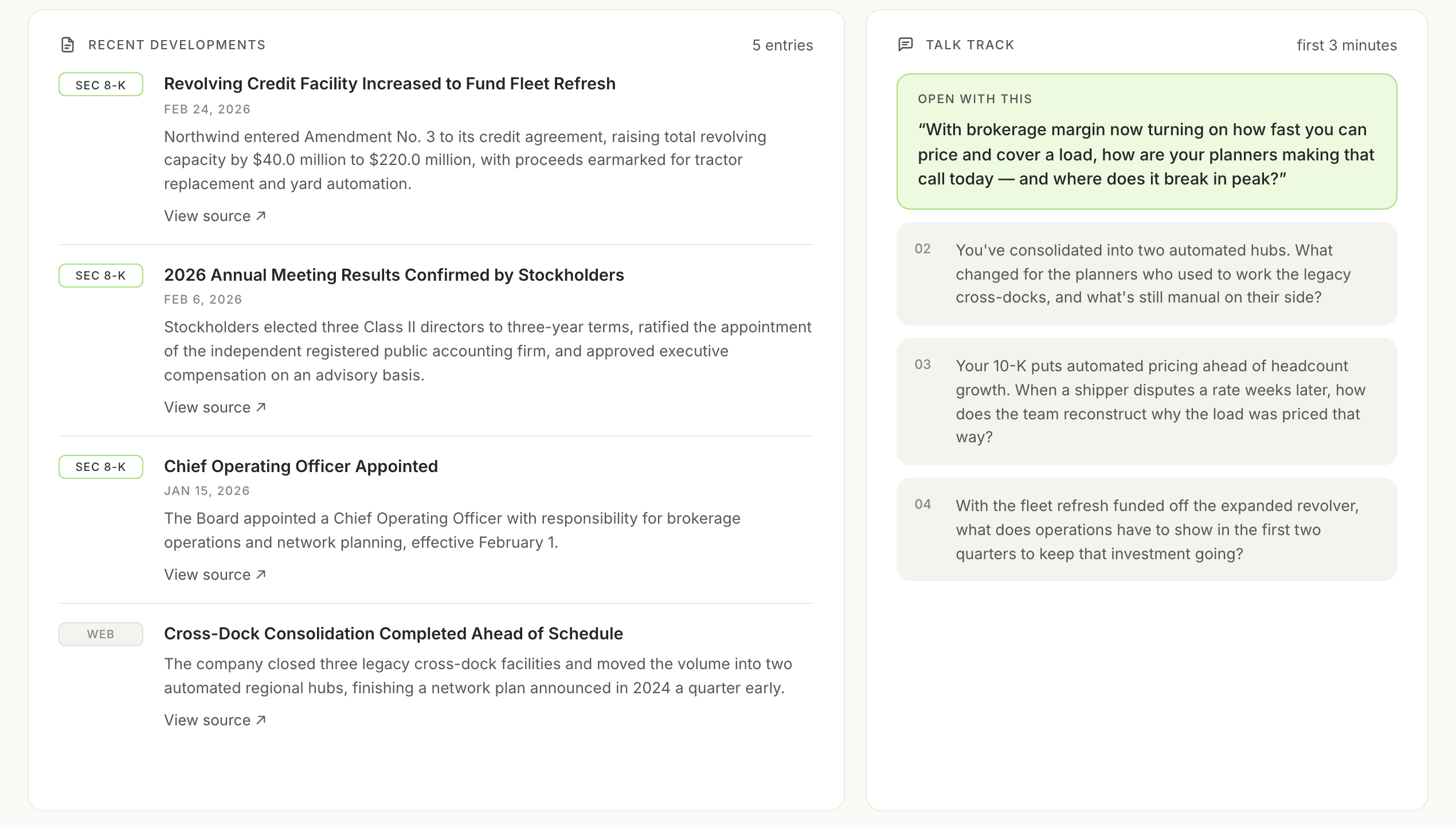 Recent developments and Talk track side by side: filing entries with source badges on the left, and the Open with this card with numbered follow-ups on the right
