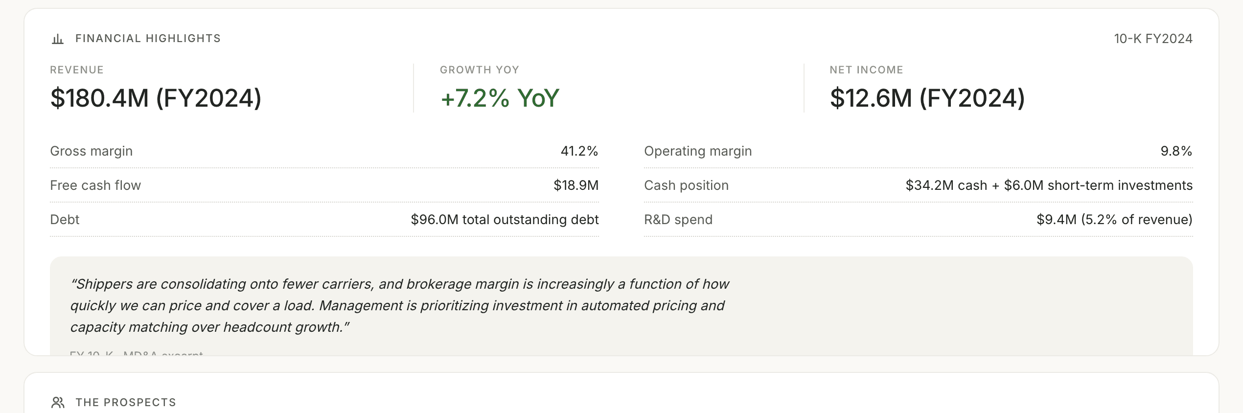Financial highlights: revenue, year-over-year growth and net income across the top, supporting figures beneath, and a quoted excerpt from the filing