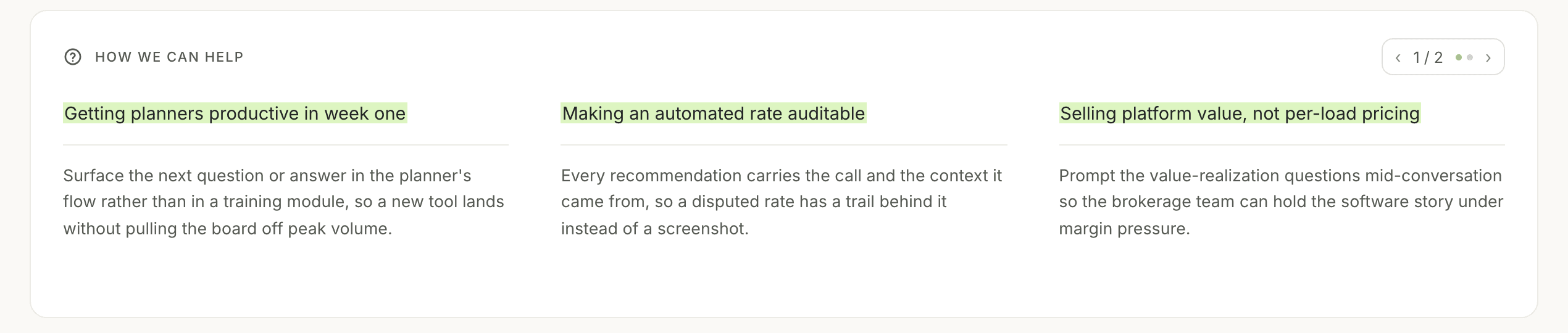 How we can help: three columns, each a highlighted heading over a short paragraph, with a pager in the top right