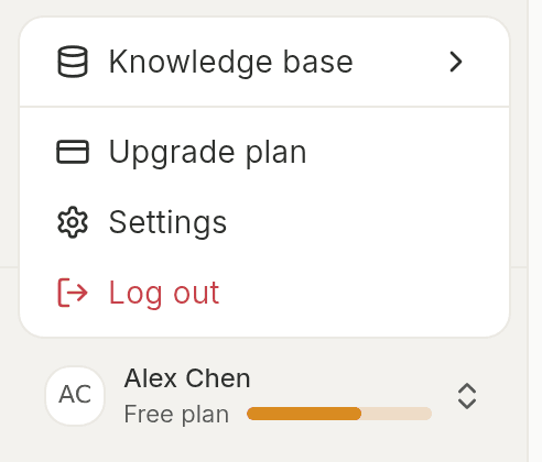 Account menu in the Backdrop sidebar with Upgrade plan, Settings and Log out, above the Free plan usage bar