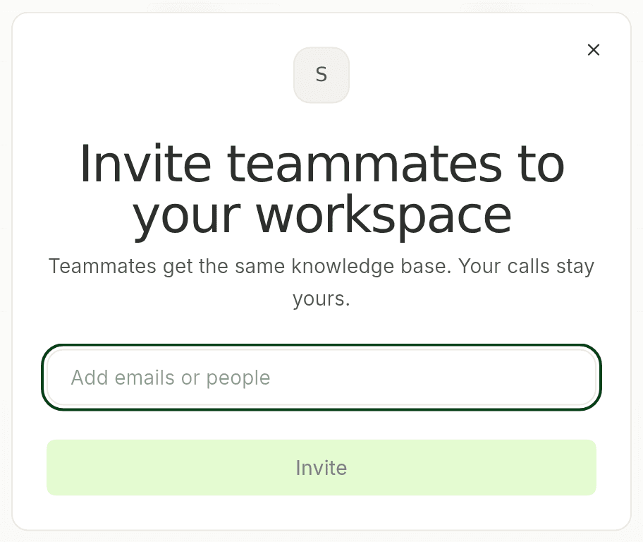 Invite teammates to your workspace dialog with an email field and an Invite button