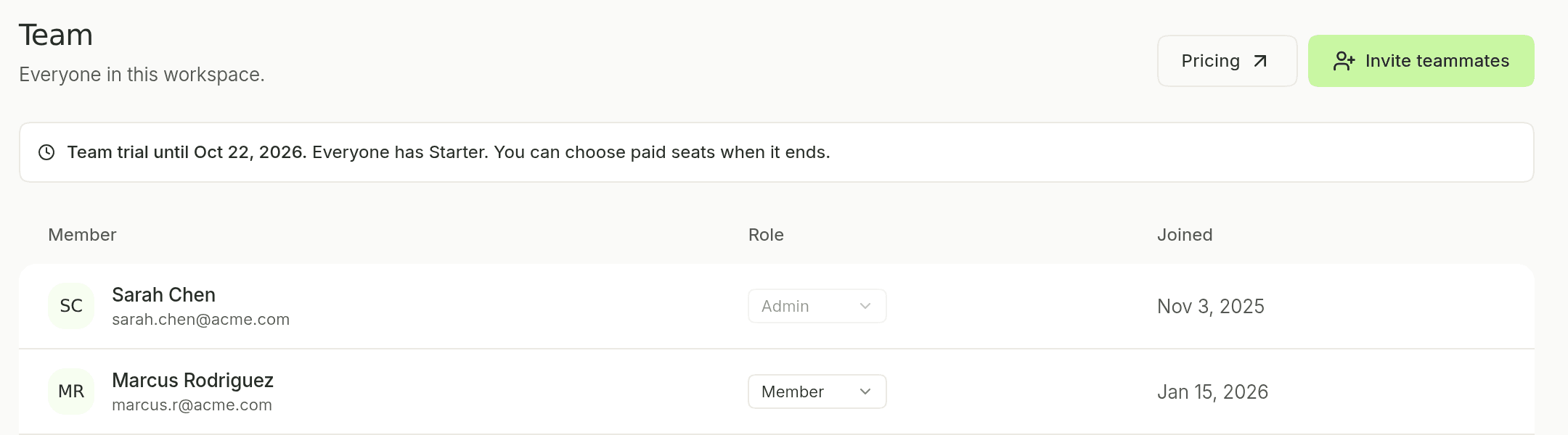 Team page with a banner saying Team trial until a date. Everyone has Starter. You can choose paid seats when it ends.