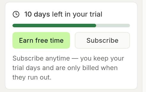 Trial card in the Backdrop sidebar showing the days left in the trial, with Earn free time and Subscribe buttons