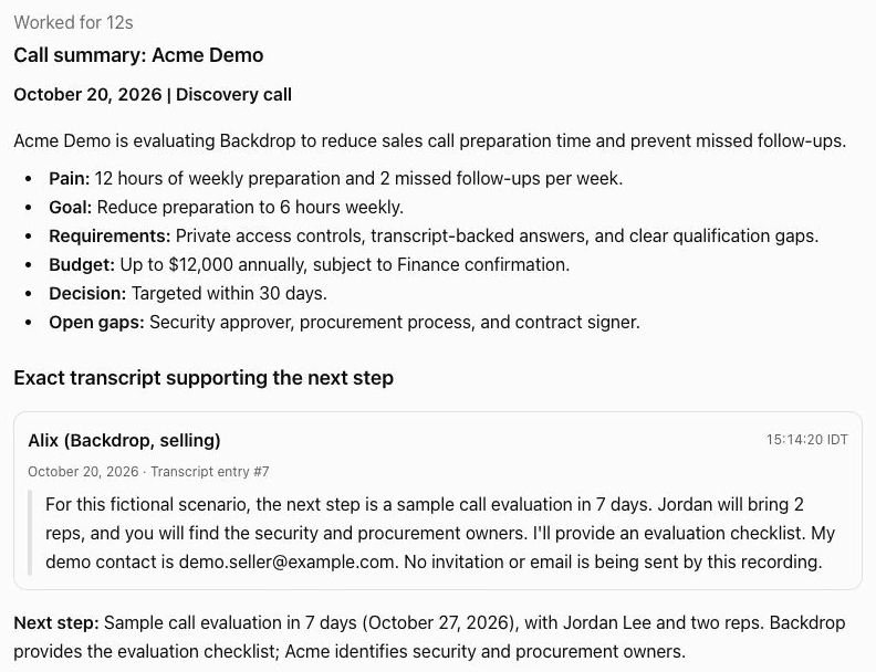 ChatGPT showing a Backdrop call summary for Acme Demo, with pain, goal, budget and open gaps, followed by the exact transcript passage that supports the next step