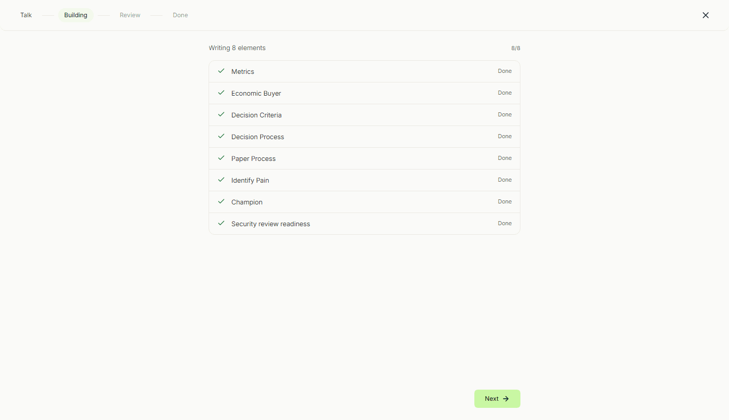The Building phase: Writing 8 elements, all marked Done, including a new Security review readiness element, with Next enabled