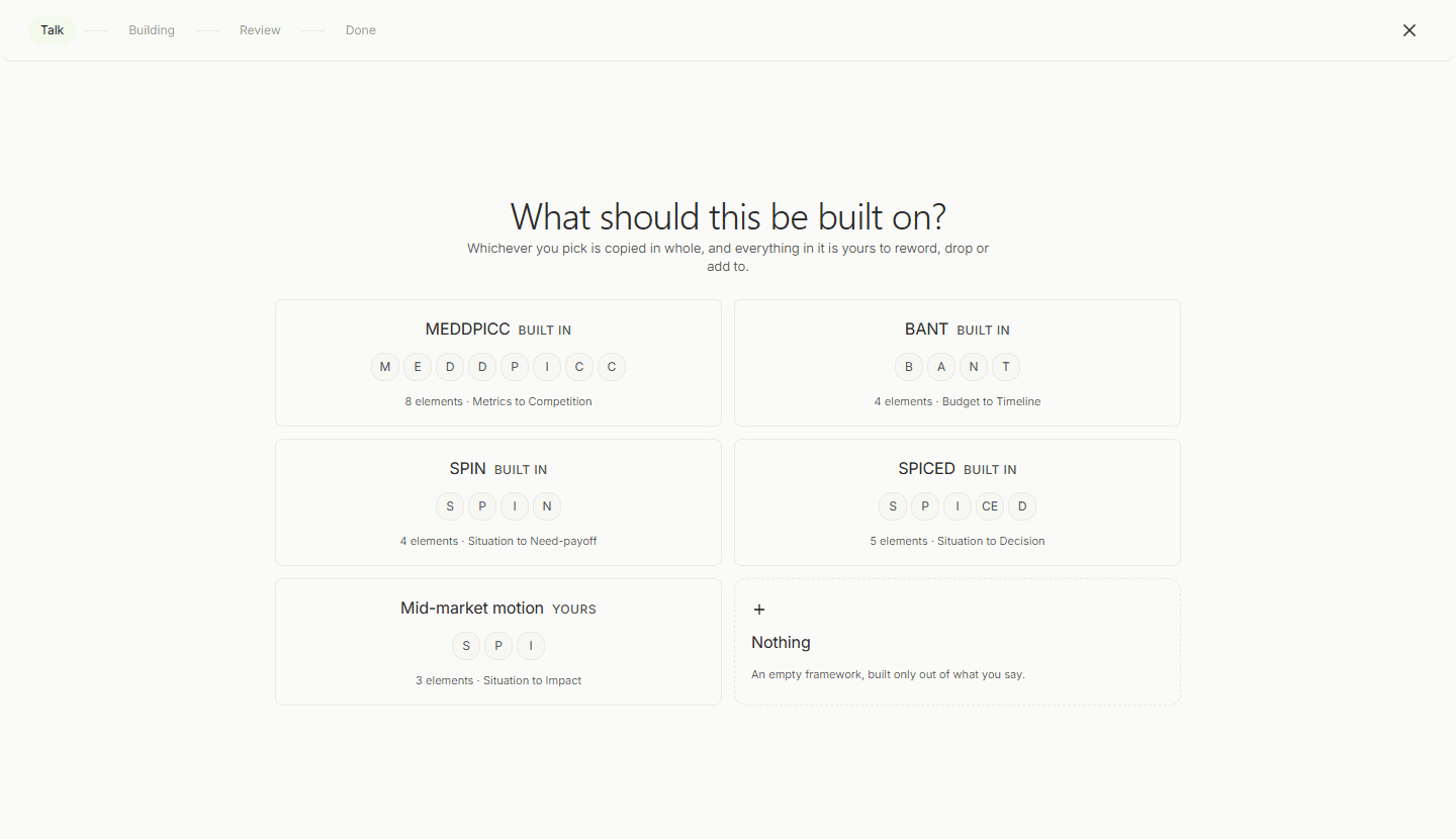 The base picker asking What should this be built on, with built-in MEDDPICC, BANT, SPIN and SPICED tiles, one of your own frameworks, and a Nothing option