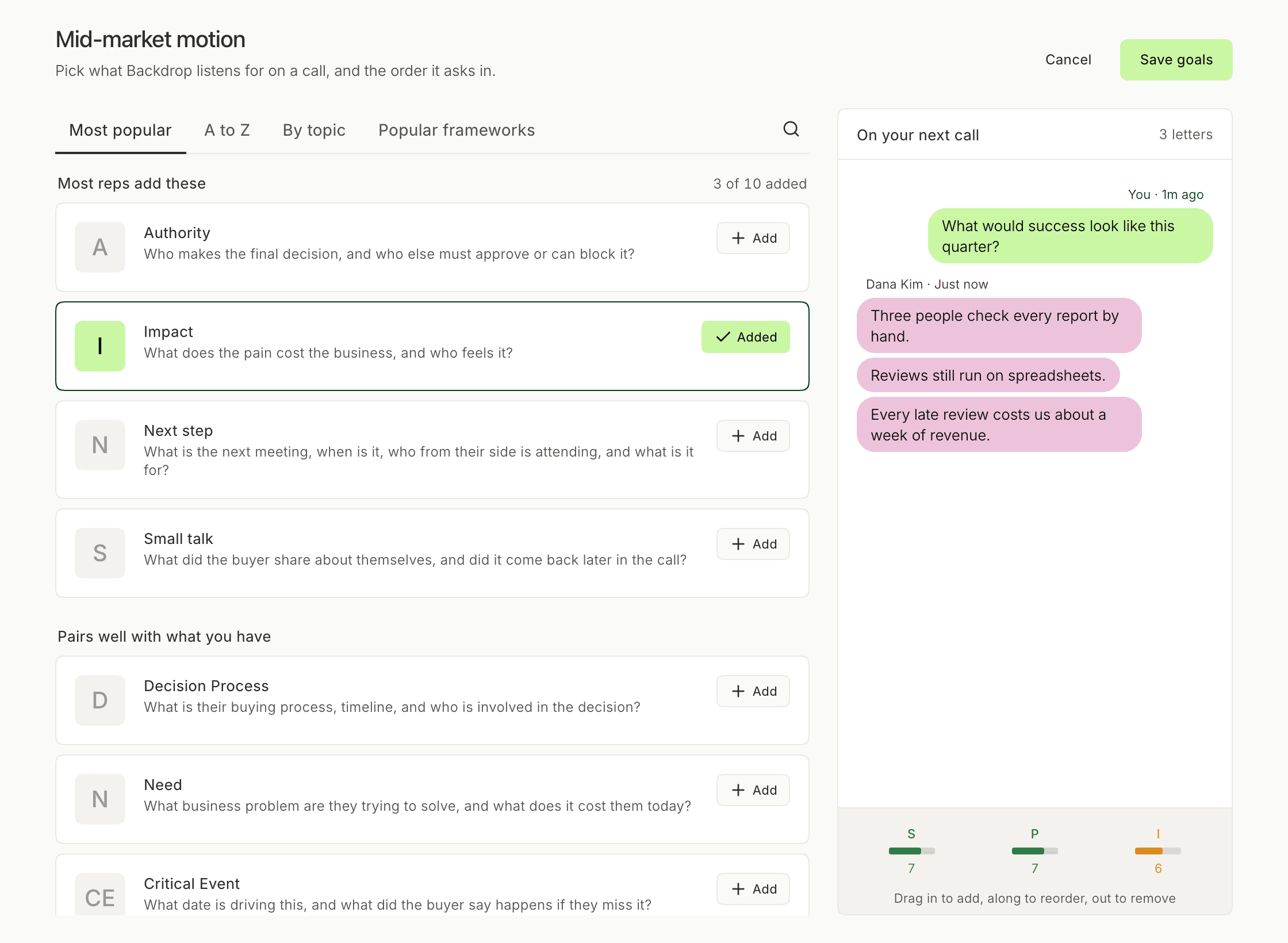 Editing a framework called Mid-market motion: Cancel and Save goals at the top right, the Most popular tab with Impact added, and On your next call with three letters