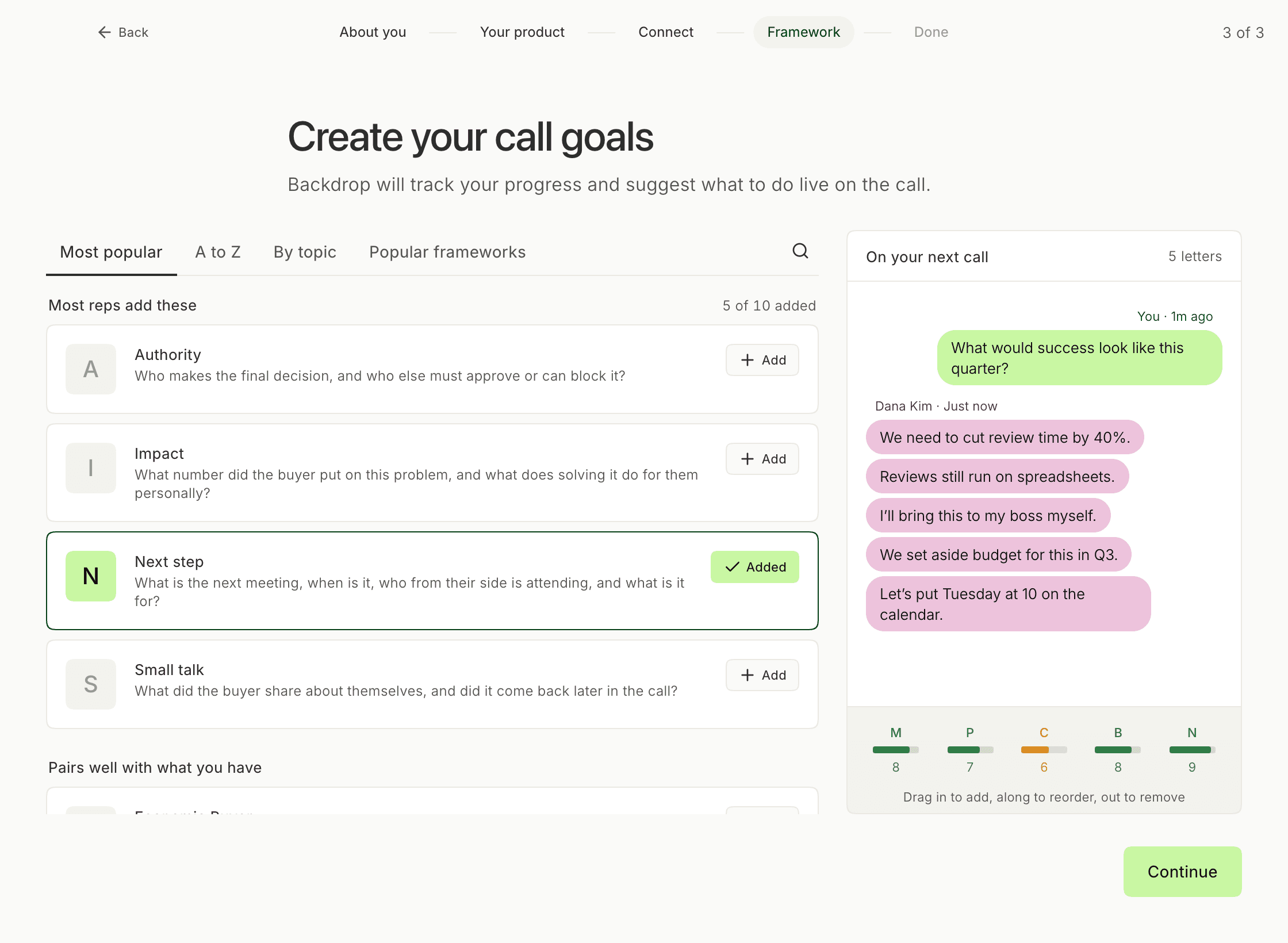 The Create your call goals page: letters to add on the left with Next step added, and On your next call on the right showing a sample call and a strip of five letters with scores