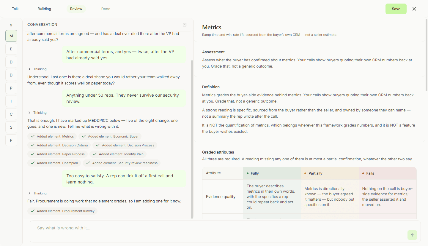 Refine with AI: a conversation panel on the left where the seller says an element is too easy to satisfy, and Backdrop adds an element for it, next to the element being read