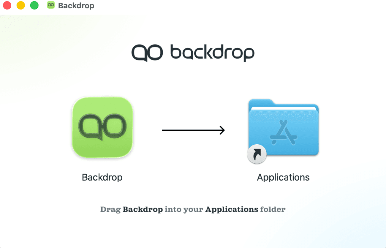 The Backdrop disk image, showing the app icon being dragged into the Applications folder