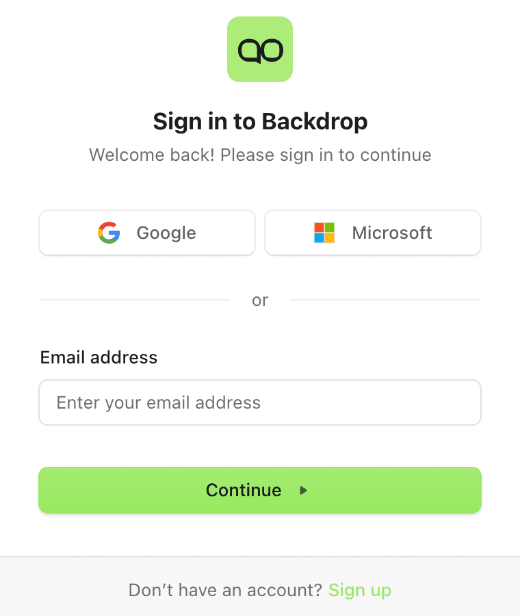 The Backdrop sign-in page offering Google, Microsoft, or email address