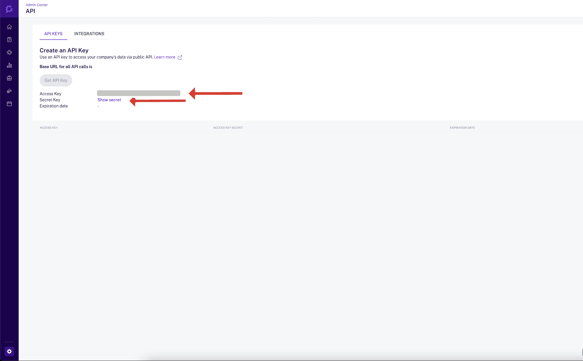 The Gong Create an API Key panel: the generated Access Key, redacted in this screenshot, with a Show secret link beside the Secret Key