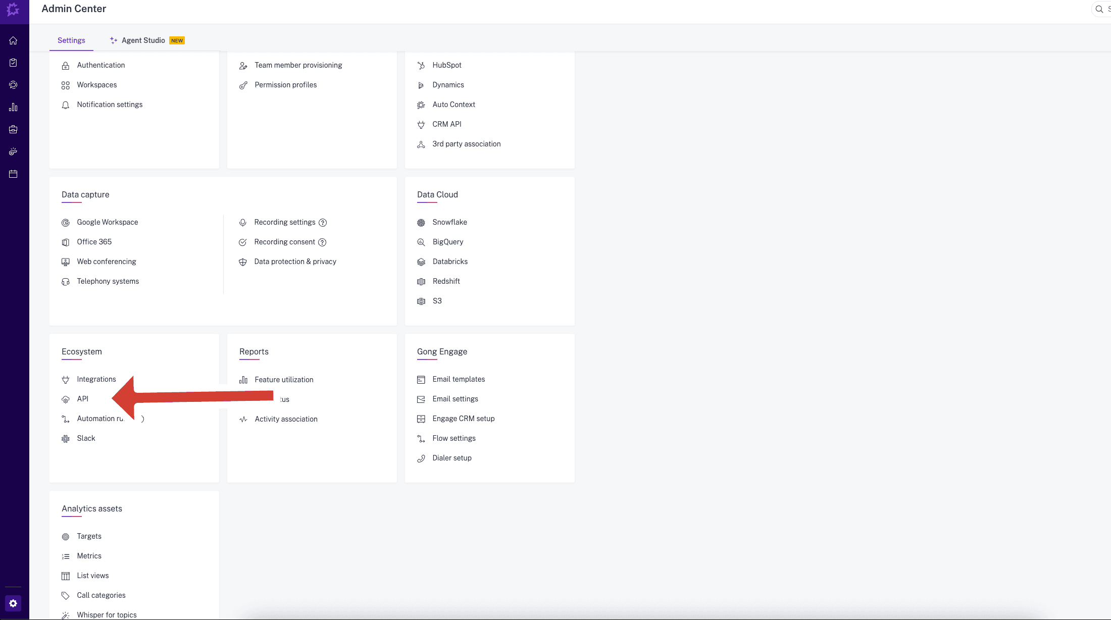The Gong Admin Center settings grid, with API listed in the Ecosystem card