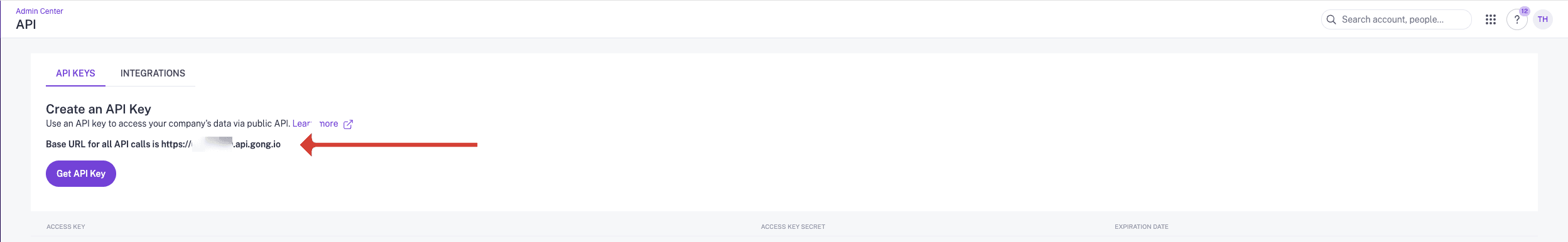 The same panel after refreshing, now reading Base URL for all API calls is https://…api.gong.io, with the account identifier redacted