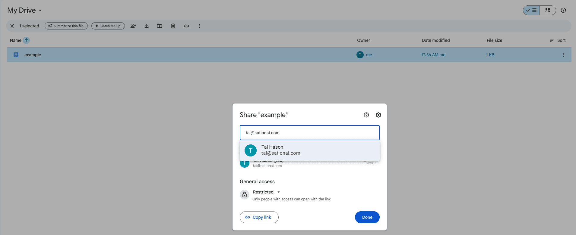 The Google Drive share dialog with a service account address typed into the people field and a matching suggestion below it