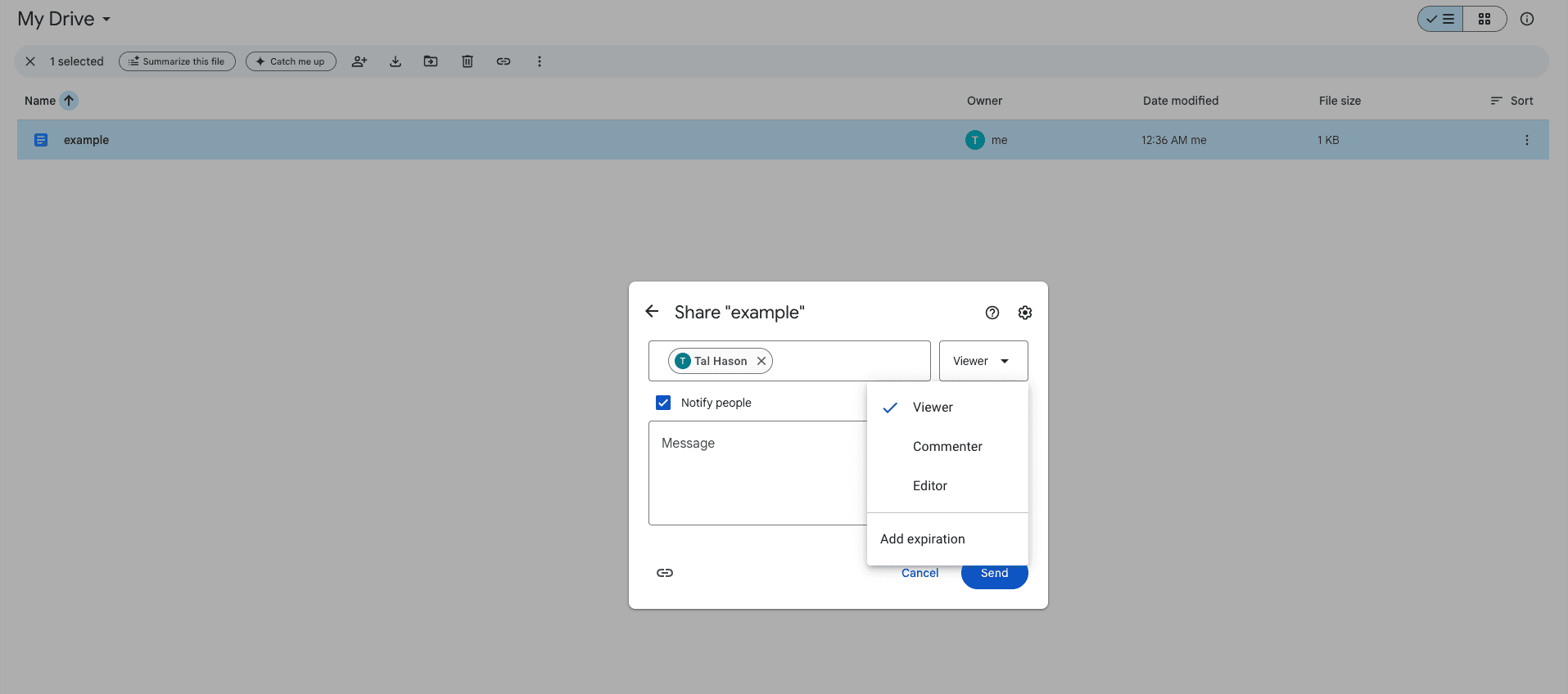 The Google Drive share dialog with the role dropdown open on Viewer, above the Cancel and Send buttons