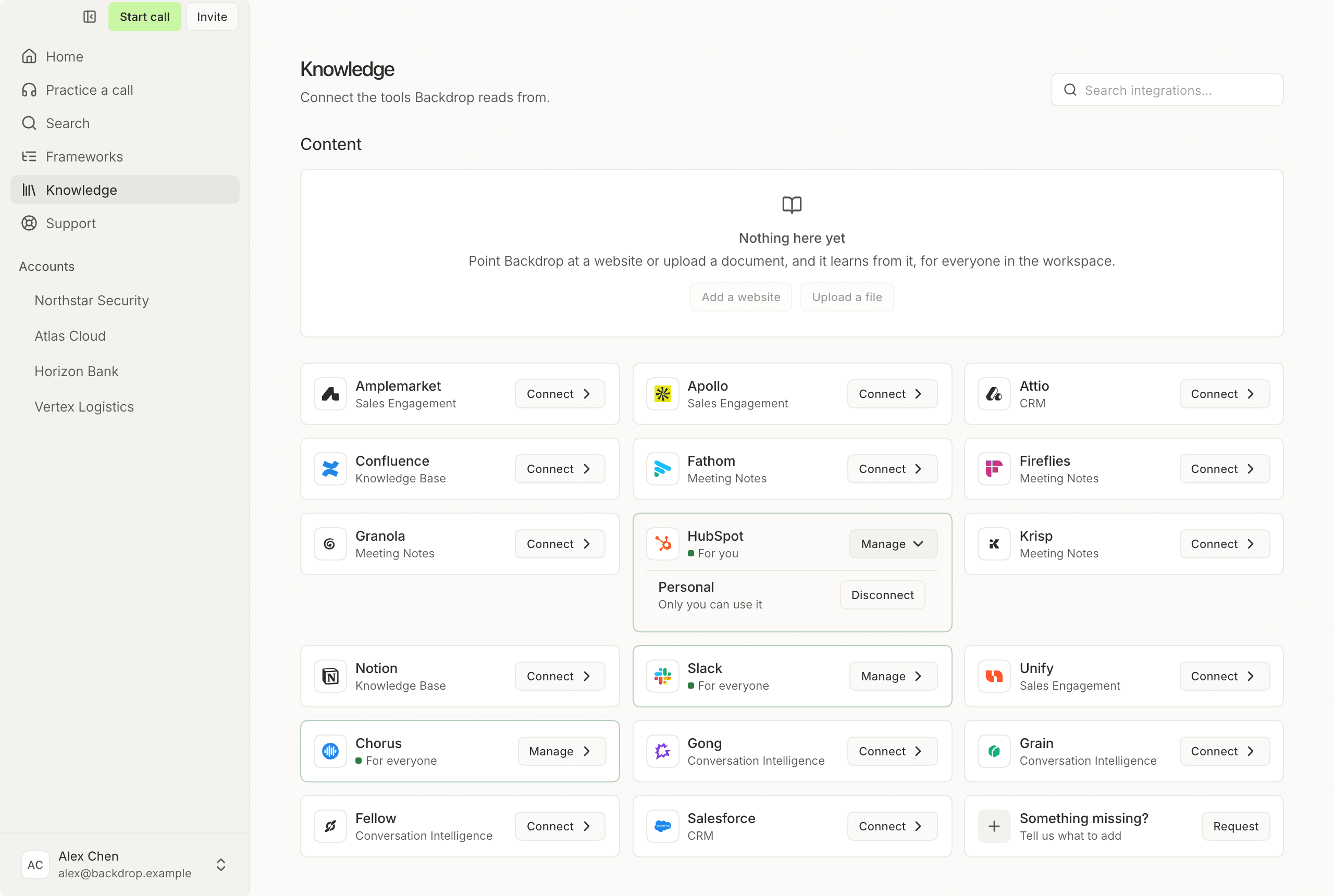 The HubSpot card on Backdrop's Knowledge page, green and reading For you, with a Disconnect button in its Personal row