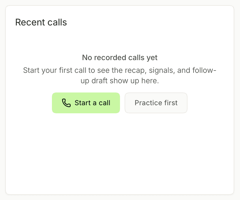 The empty Recent calls card reading No recorded calls yet, with Start a call and Practice first buttons