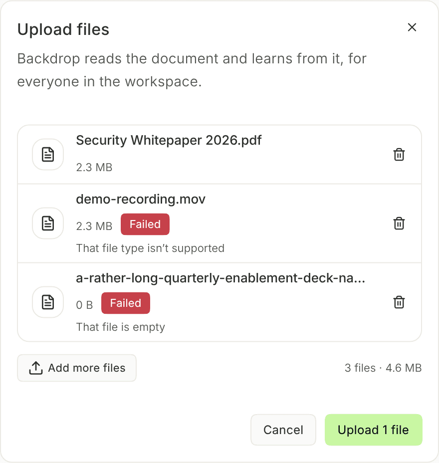 The Upload files dialog with demo-recording.mov marked Failed: That file type isn't supported, and an empty deck marked Failed: That file is empty, while the PDF stays ready with Upload 1 file