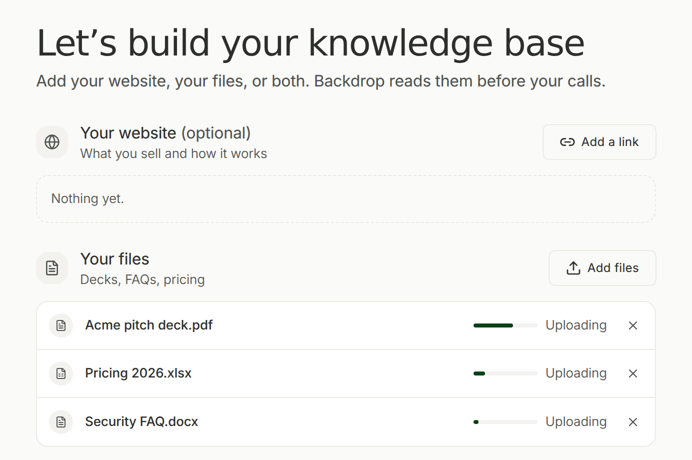 The Let's build your knowledge base setup step: Your website with Add a link, and Your files with Add files and three documents uploading, each with a progress bar