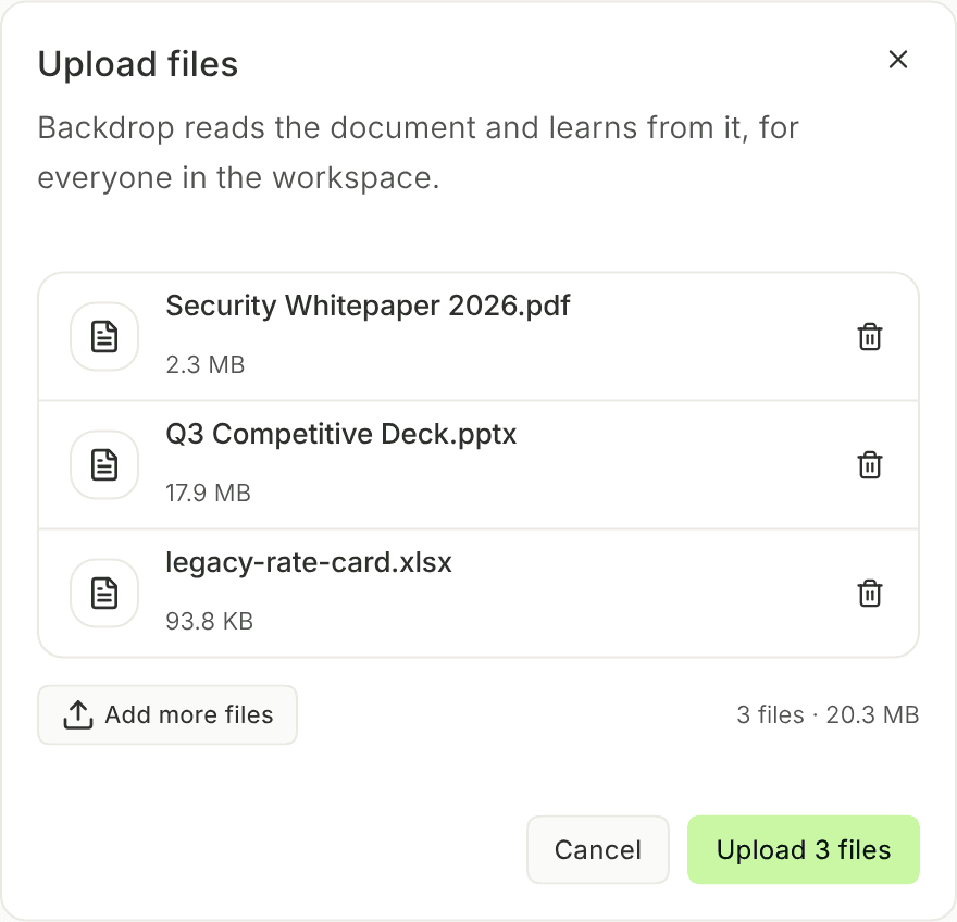 The Upload files dialog listing Security Whitepaper 2026.pdf, Q3 Competitive Deck.pptx and legacy-rate-card.xlsx with their sizes, Add more files, 3 files · 20.3 MB, and an Upload 3 files button